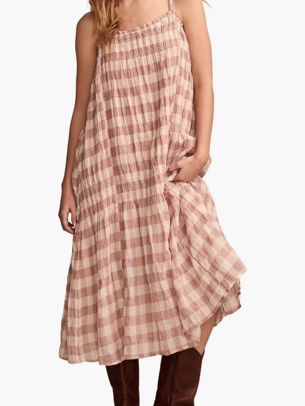 New! Anthropologie Coastal Cowgirl Gingham Prairie Dress in Blush & Cream - Picture 1 of 5